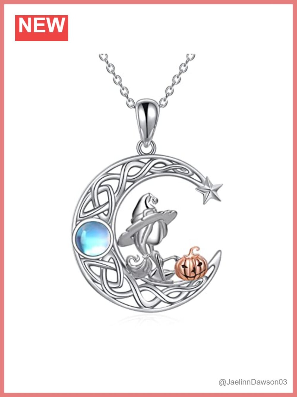 Sterling Silver Celtic Moon Black Cat Pumpkin Pendant Necklace